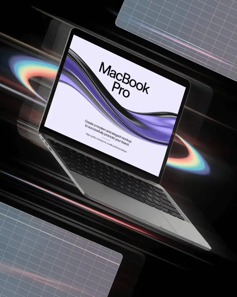 Floating Macbook M1 Pro Mockup With Holographic Grid And Neon Halo Speed Lines