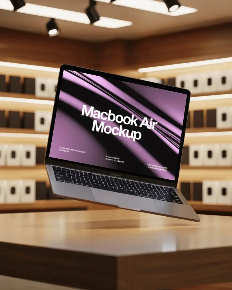 Apple Store Inspired M1 Air Mockup Floating On Desk With Stylized Box Display