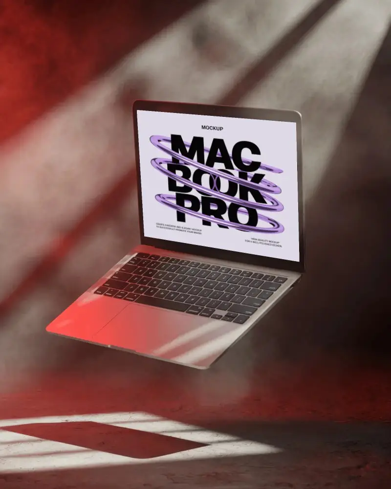 Premium Macbook M1 Pro Floating In Red Glow Studio With Mystic Smoke And Light