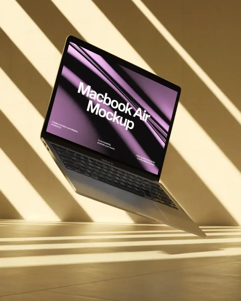 Floating M1 Air Macbook Mockup In Golden Studio With Diagonal Shadow Light