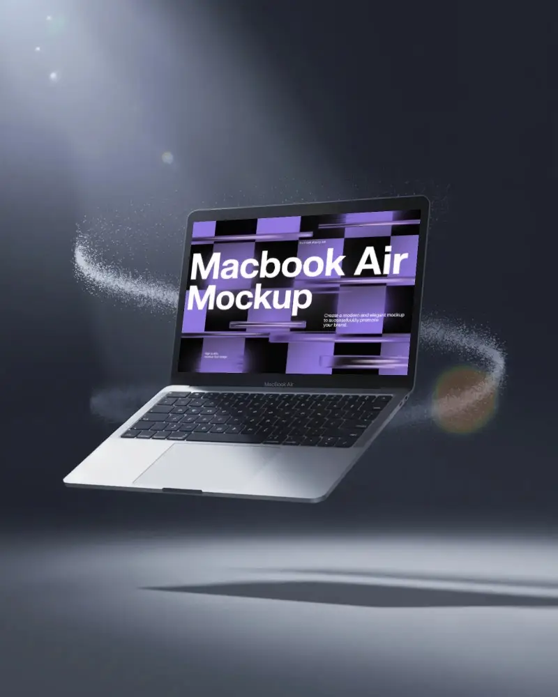 Clean Futuristic Macbook Mockup Of M1 Air Under Spotlight With Dynamic Dust Sparkles