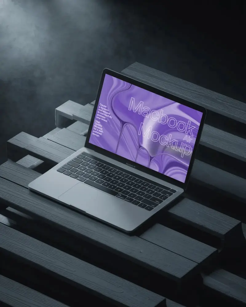 Aesthetic Dark Scene Laptop Mockup M1 Air On Modern Wood Stack Smoke Background