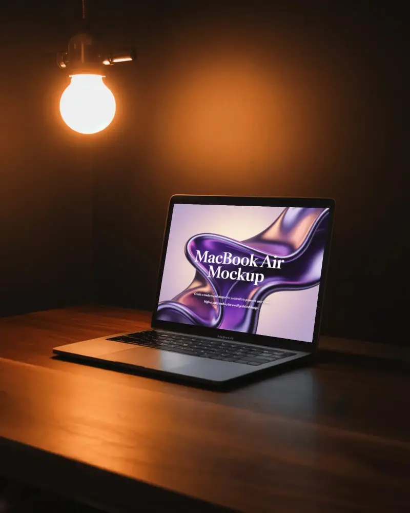 Warm Lamp Lit Desk Moody Nighttime Workspace Mockup Featuring M1 Air On Wooden Desk