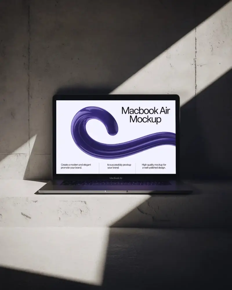 Spotlight Scene Macbook Air M1 Mockup With Concrete Wall Textured Concrete Backdrop