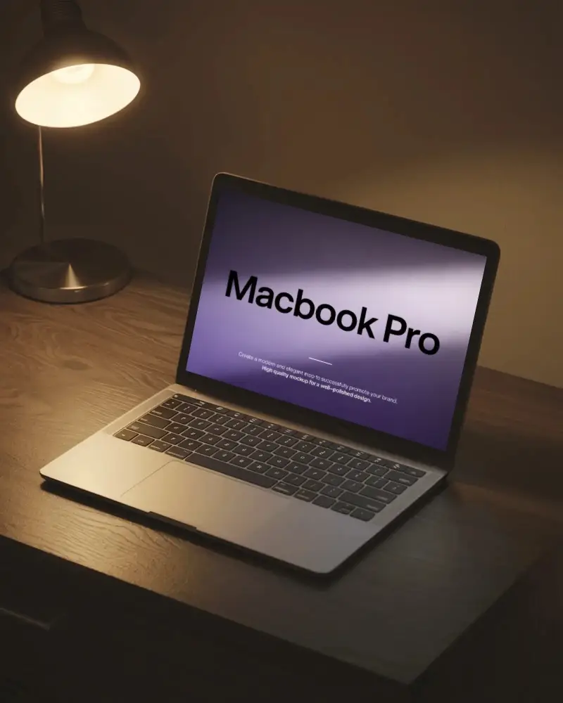 Mellow Lighting Scene Ambient Warm Lamp Lit Scene With M1 Pro Macbook On Workspace