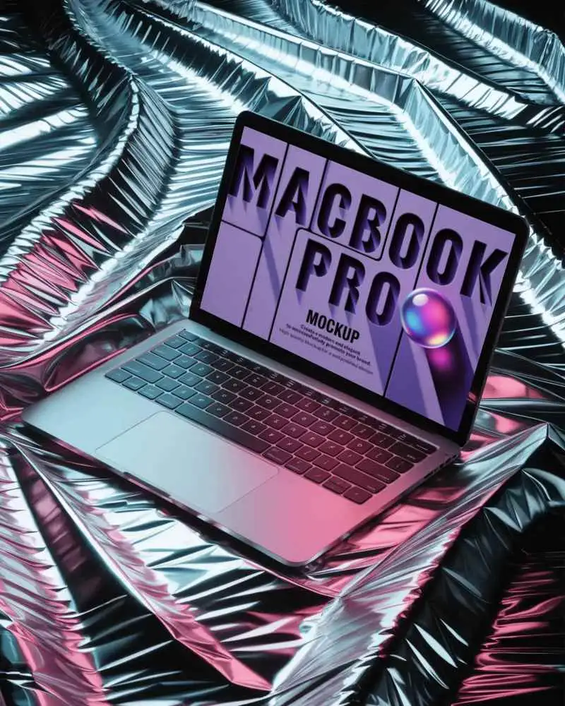 Futuristic Macbook Pro M1 Mockup On Metallic Foil Surface With Pink And Blue Neon Lighting