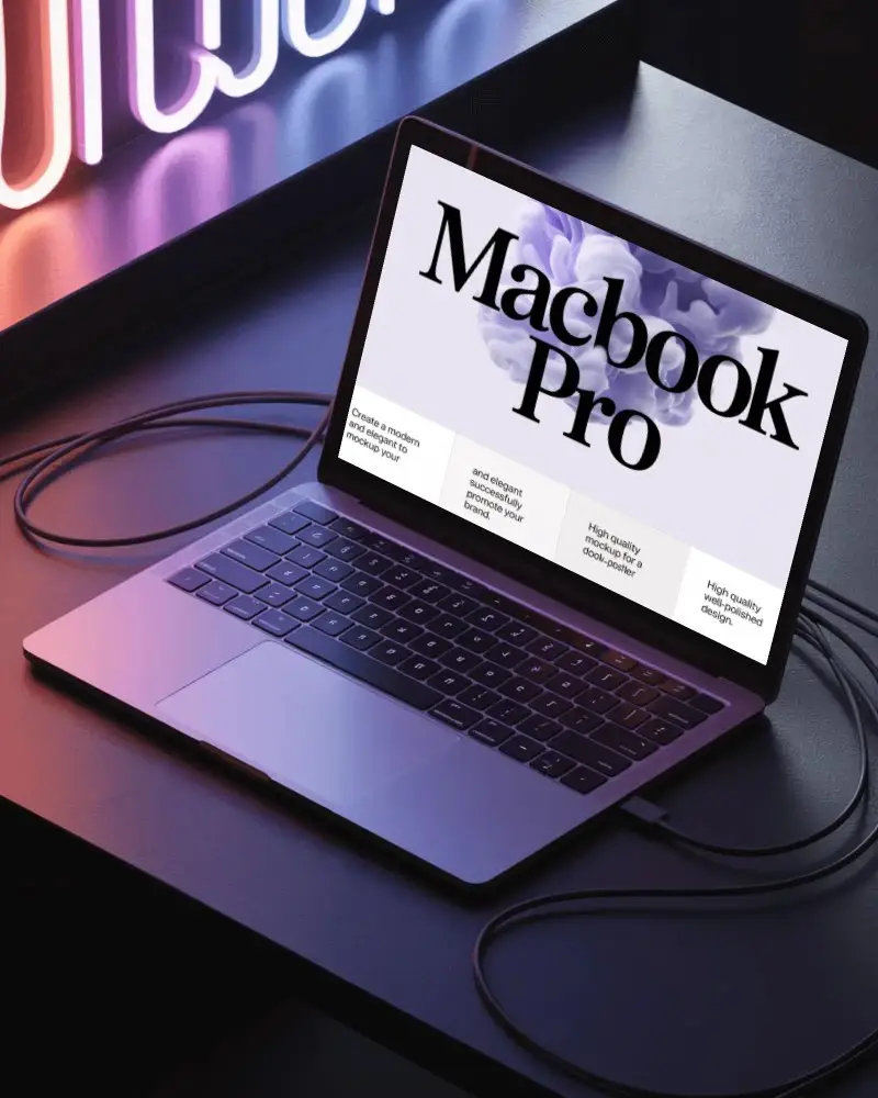 Macbook Pro M1 Mockup On Dark Desk Under Vibrant Neon Sign Lighting With Cable Setup