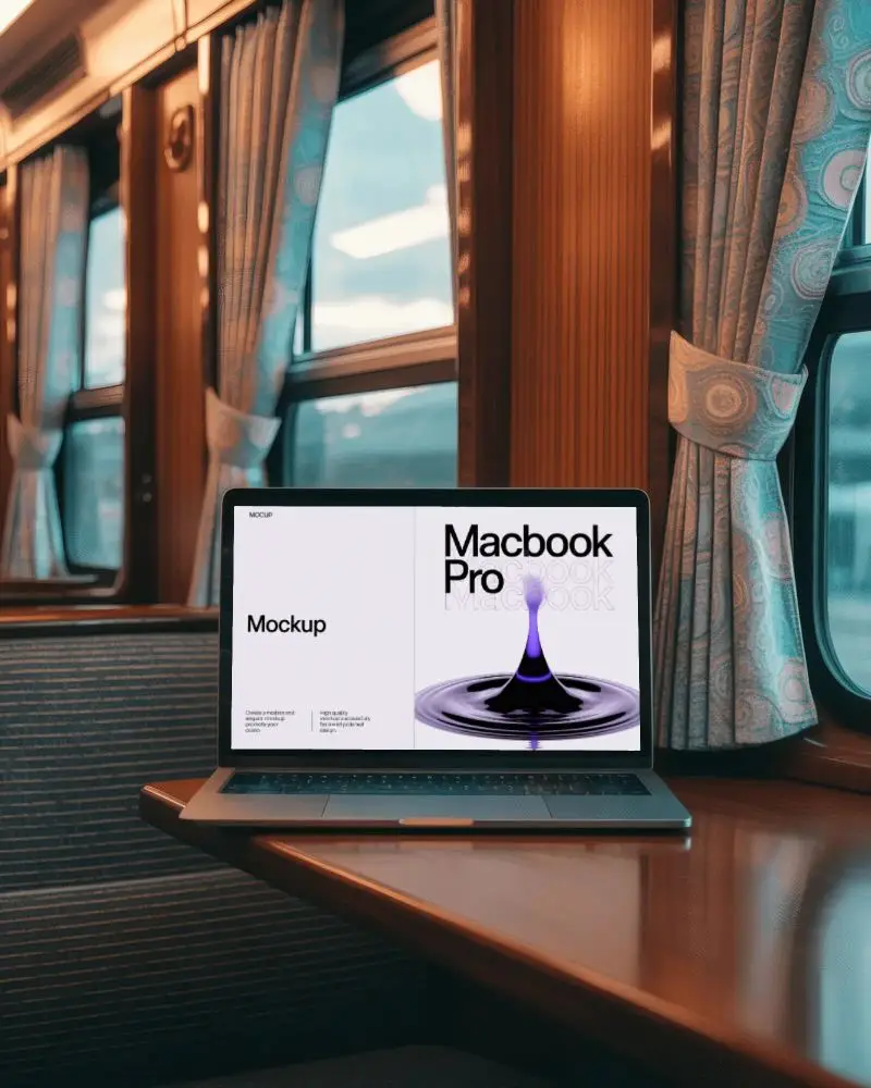 Macbook Pro M1 Mockup On Train Table By Window With Curtains Cozy Travel Workspace