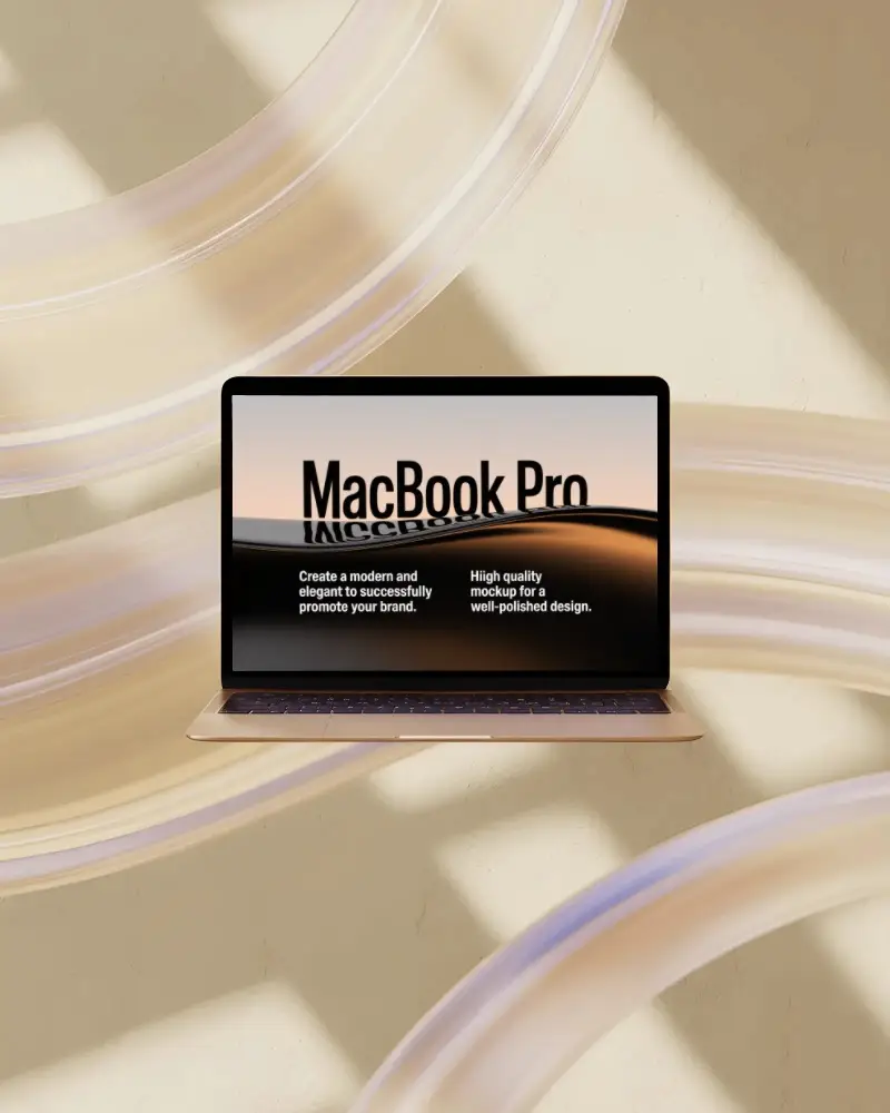 Macbook Pro M1 Floating Mockup Against Soft Abstract Beige Wall With Swirled Light Trails