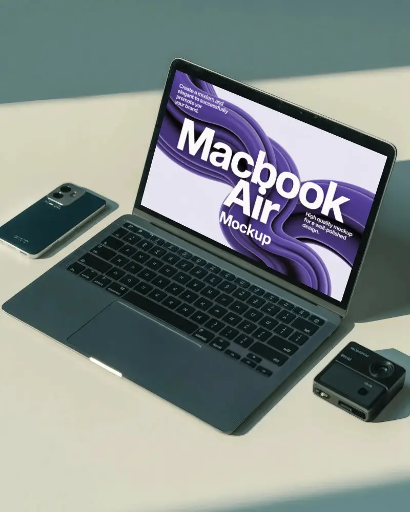 Macbook Air M1 Mockup On Clean Desk With Smartphone And Camera In Studio Lighting Setup