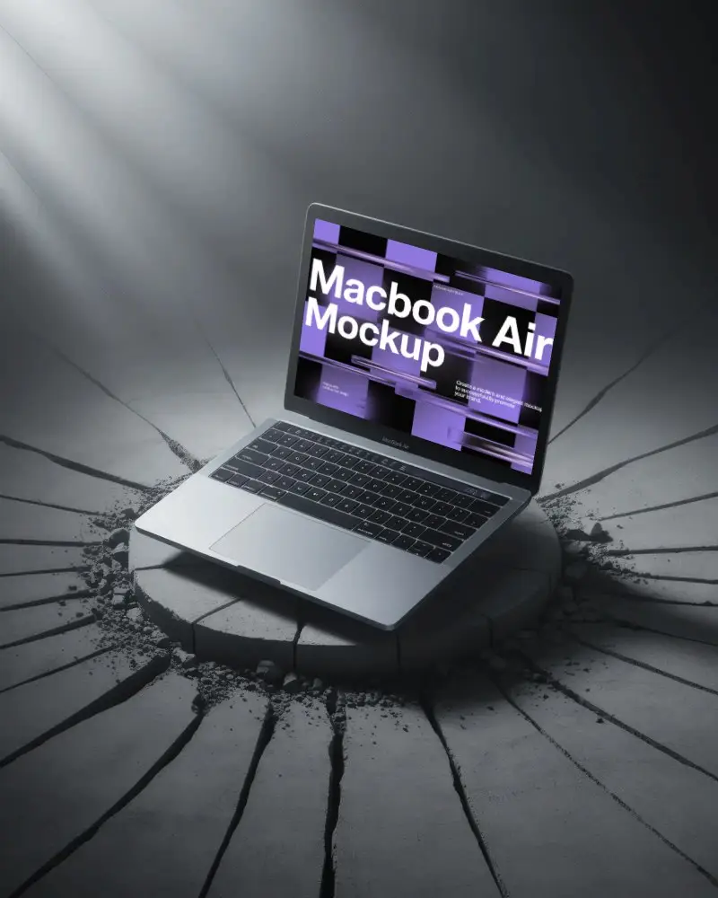 Powerful Scene Macbook Air M1 Mockup Rising From Cracked Ground In Moody Studio Light