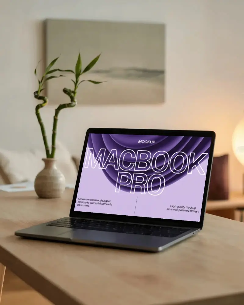 Macbook Pro M1 Mockup On Wooden Desk In Minimal Home Setting With Bamboo Plant And Soft Light