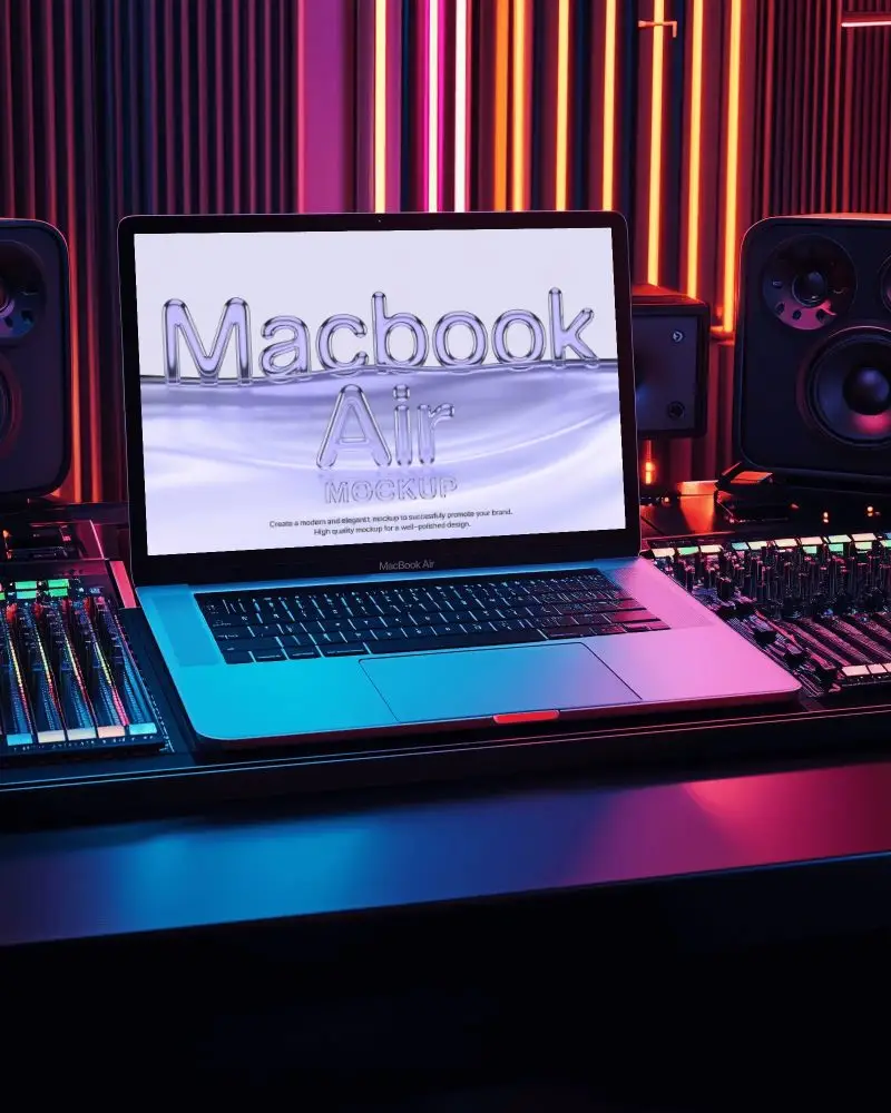 Macbook Air M1 Mockup On Dj Mixing Desk In Neon Lit Recording Studio With Speakers