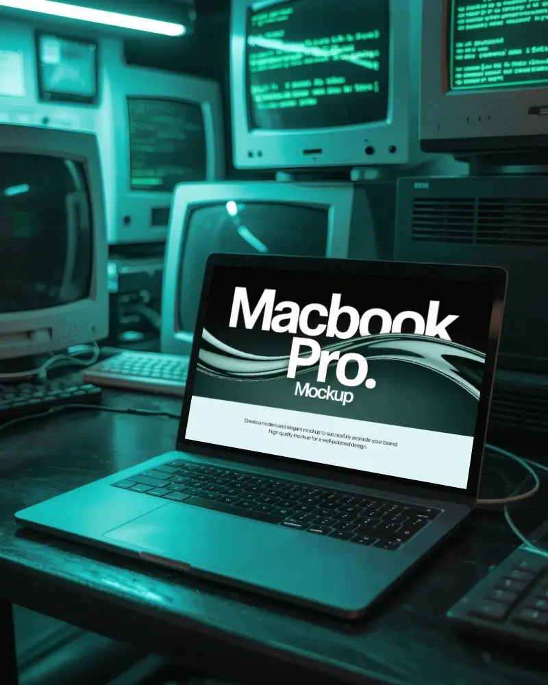 Macbook Pro M1 Mockup In Retro Cyber Lab With Vintage Monitors And Green Terminal Glow