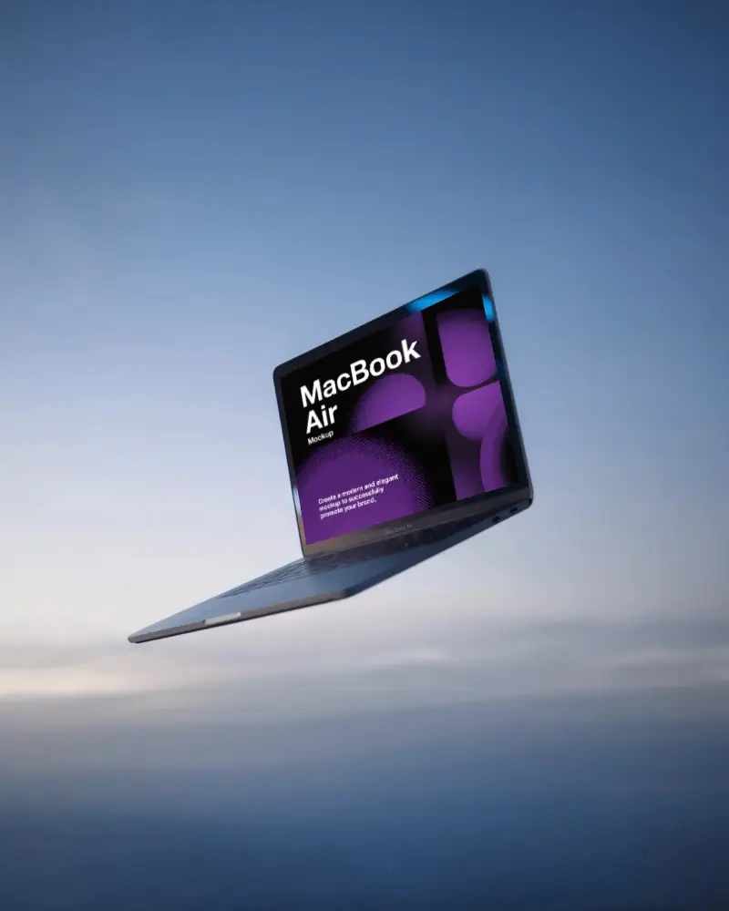 Floating Macbook Air M1 Mockup Against Soft Sky Gradient For Modern Dreamy Tech Presentation