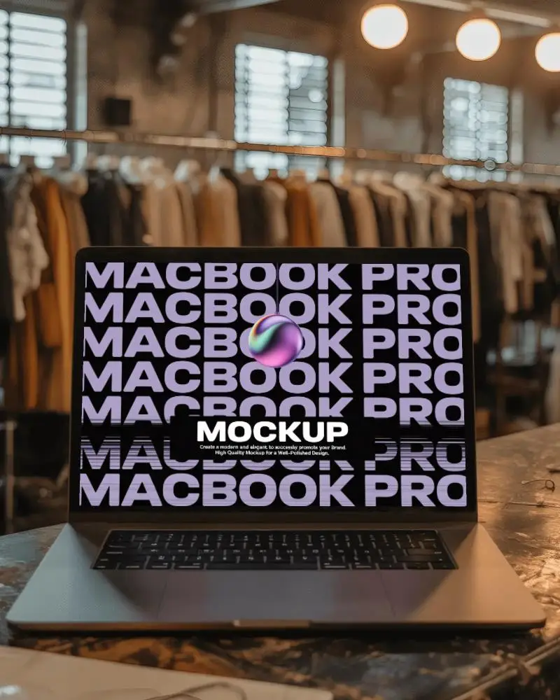 Macbook Pro M1 On Designer Desk With Stylish Clothing Rack In Blurred Fashion Backdrop