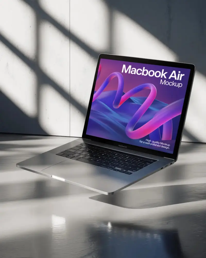 Floating Macbook Air M1 Mockup In Minimal Sunlit Studio With Geometric Shadow Patterns