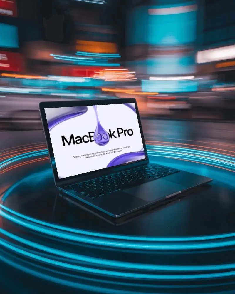 Macbook Pro M1 Mockup In Urban Night Scene With Glowing Light Trails And City Blur Effect