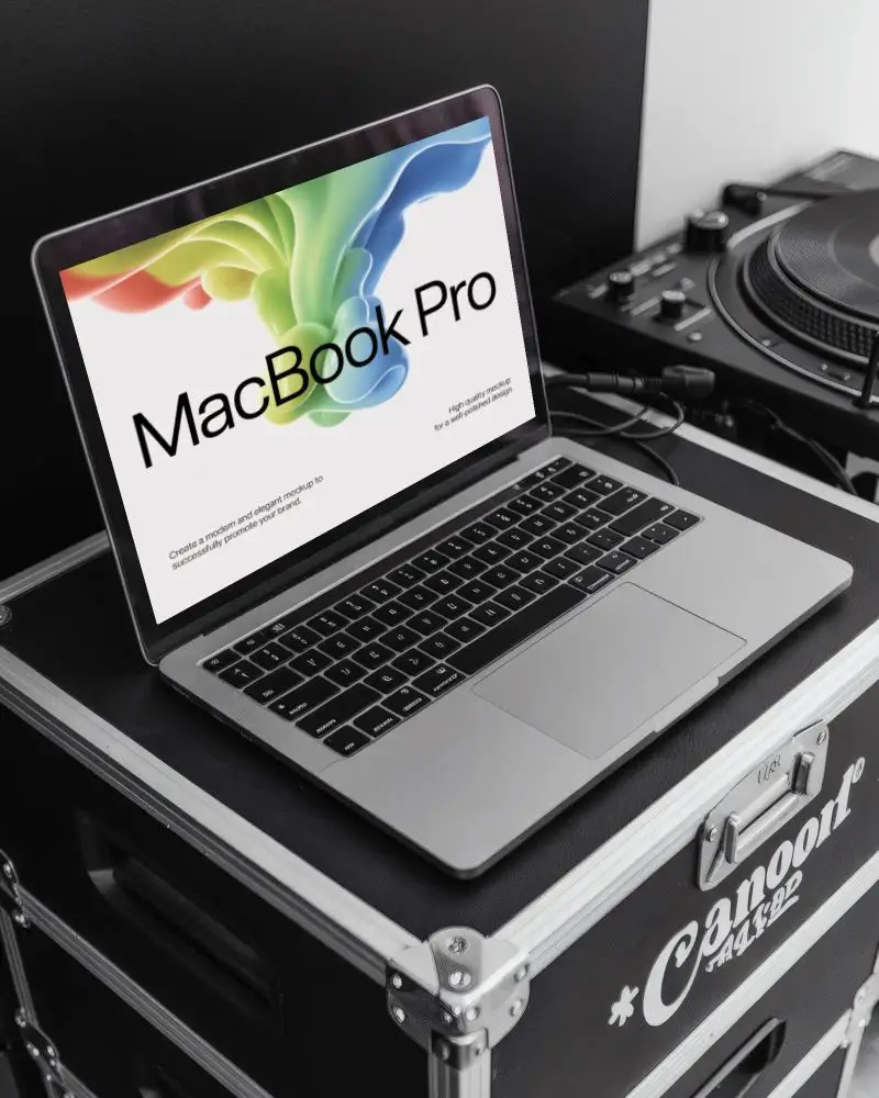 Macbook Pro M1 Mockup On Dj Equipment Case In Monochrome Studio With Turntable Setup