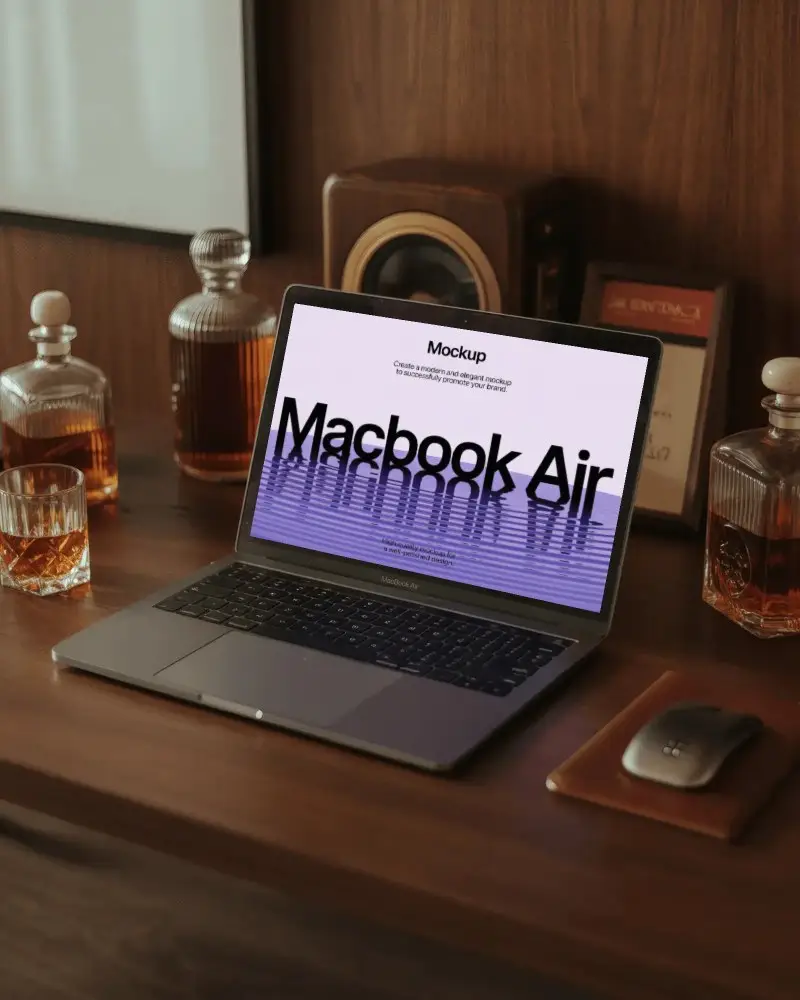 Macbook Air M1 Mockup On Wood Desk With Vintage Whiskey Decanters And Classic Speaker