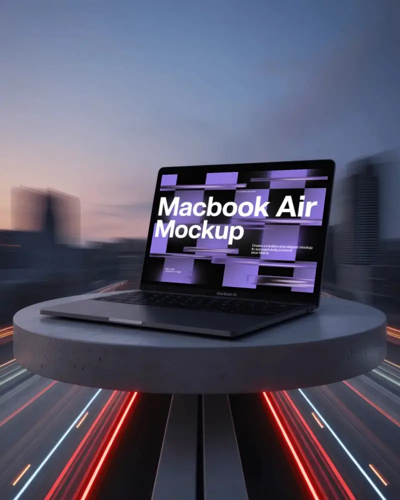 Macbook Air M1 Mockup On Round Pedestal Above Speed Light Trails In Urban Skyline At Dusk