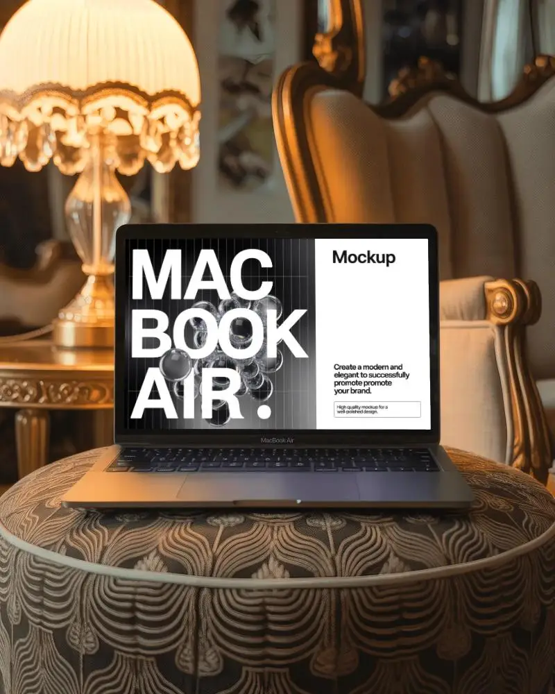Macbook Air M1 Mockup On Decorative Ottoman In Vintage Luxury Room With Classic Furniture
