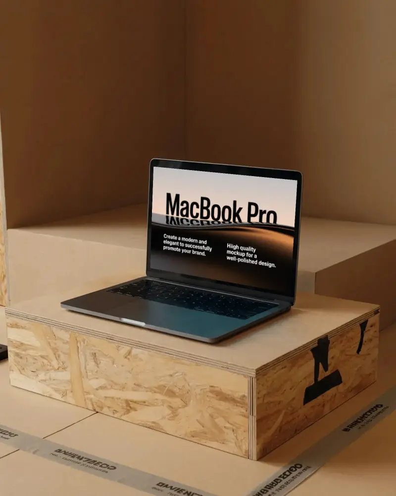 Macbook Pro M1 Mockup On Wood Crate In Minimal Shipping Scene With Cardboard Box Staging