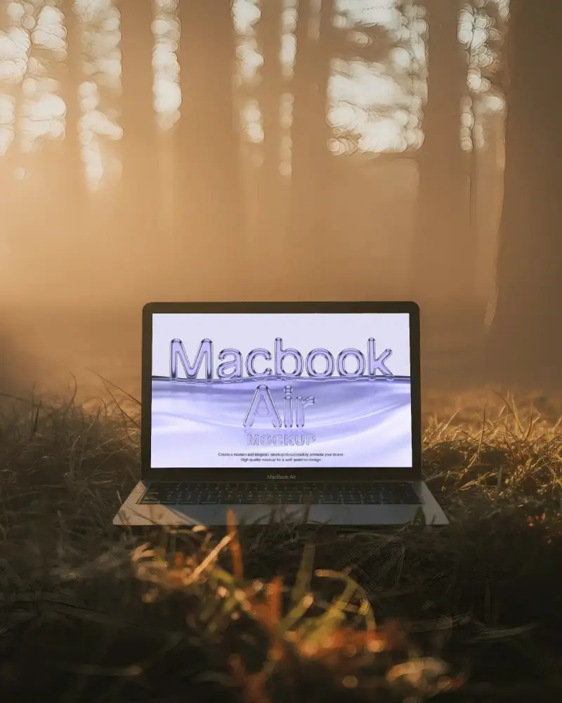 Macbook Air M1 Mockup In Sunlit Forest Clearing With Soft Golden Light And Natural Ambience