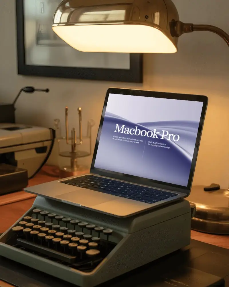 Macbook Pro M1 Mockup On Retro Typewriter In Warm Lit Study With Vintage Writer Aesthetic