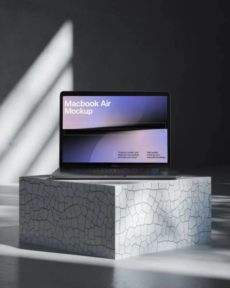 Elegant Studio Mockup Of Macbook Air M1 On Textured Cube In Clean Monochrome Light Space