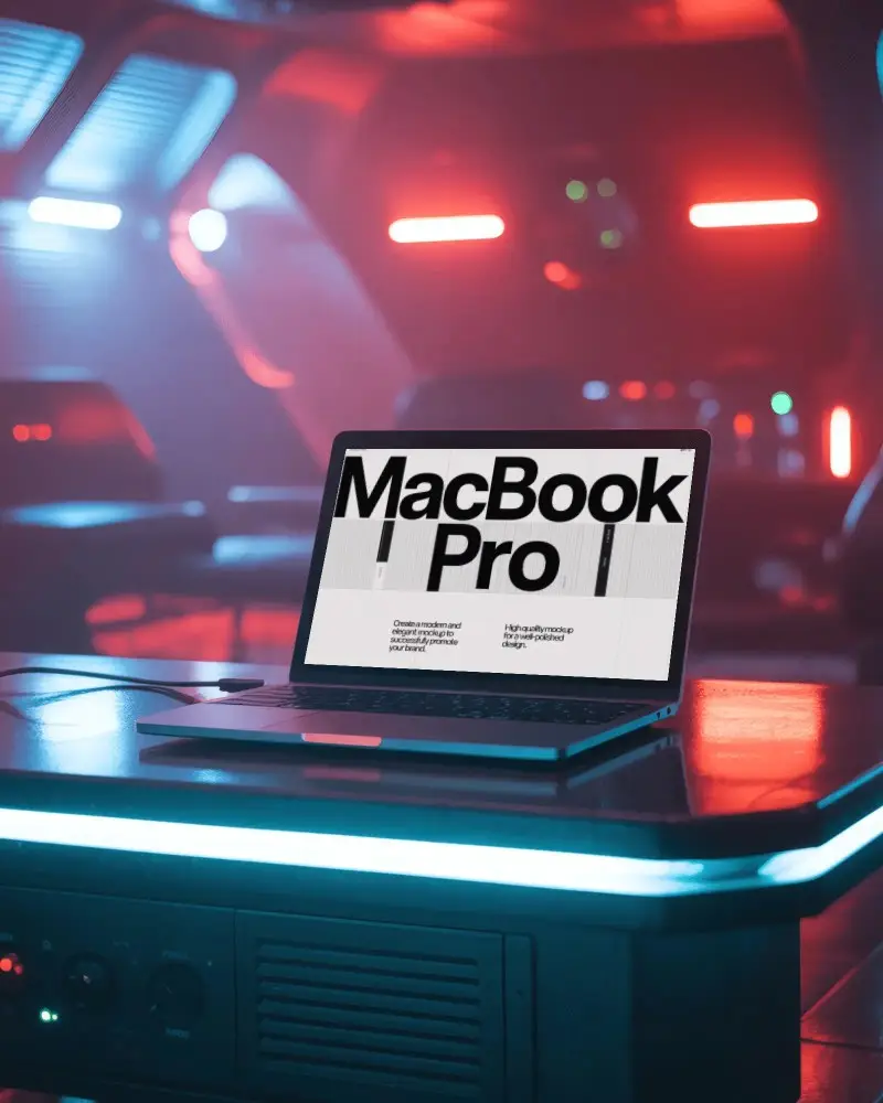 Macbook Pro M1 Mockup On Sci Fi Console In Futuristic Spaceship Room With Red And Blue Lights