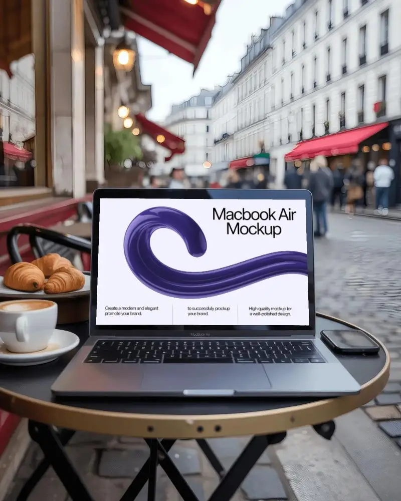 Macbook Air M1 Mockup On Outdoor Cafe Table With Croissant Coffee And European Street View