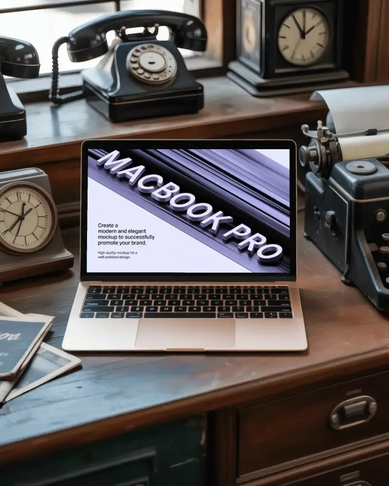 retro-office-mockup-scene-with-macbook-pro-m1-amid-classic-typewriter-and-dial-phones