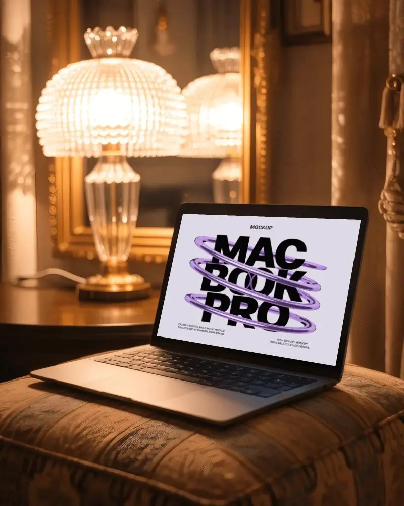 macbook-pro-m1-mockup-on-upholstered-stool-with-glass-lamp-and-vintage-bedroom-decor