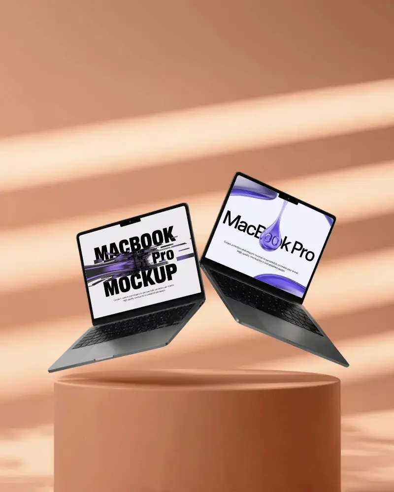 floating-dual-macbook-m4-pro-mockup-on-round-podium-with-soft-peach-studio-lighting