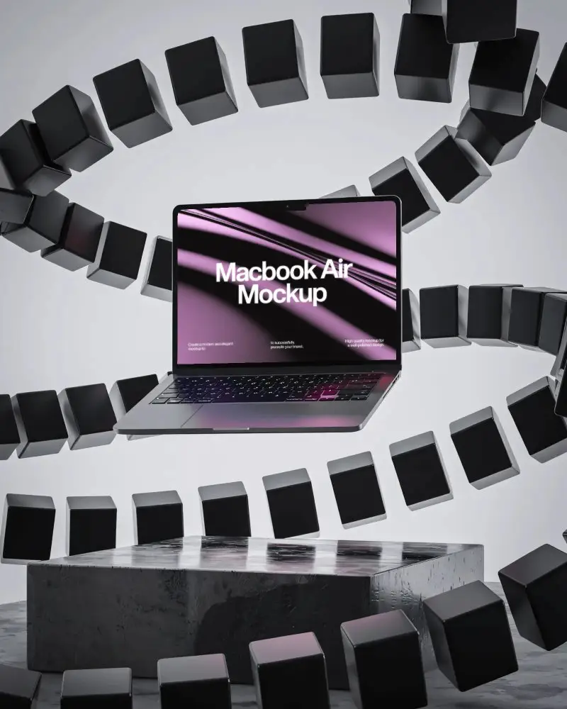 macbook-m3-air-mockup-hovering-in-spiral-black-block-formation-on-textured-dark-pedestal