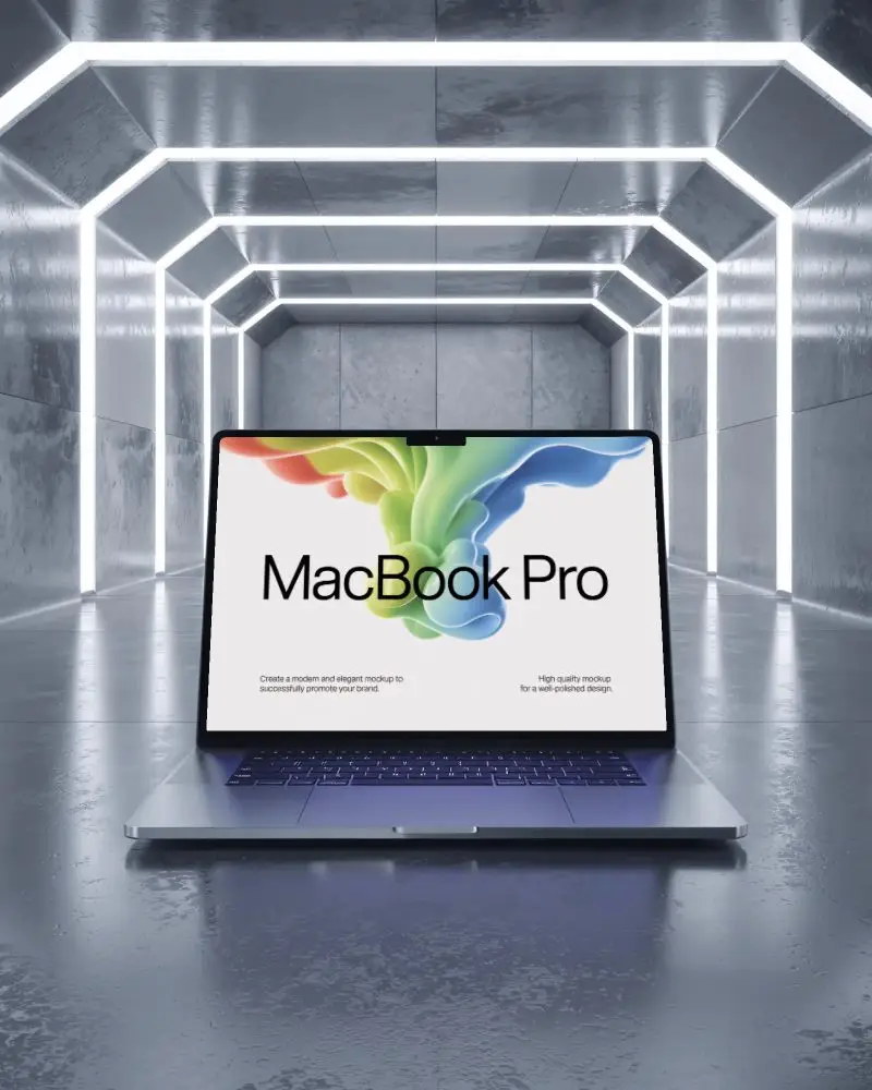 futuristic-macbook-m2-pro-mockup-centered-in-glowing-led-tech-hallway-with-metallic-walls