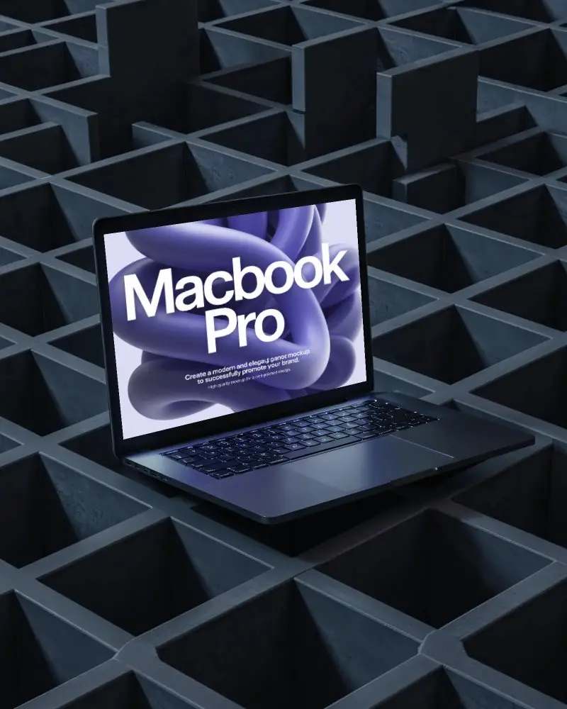 macbook-m1-pro-mockup-placed-on-dark-cube-grid-surface-in-abstract-architectural-scene