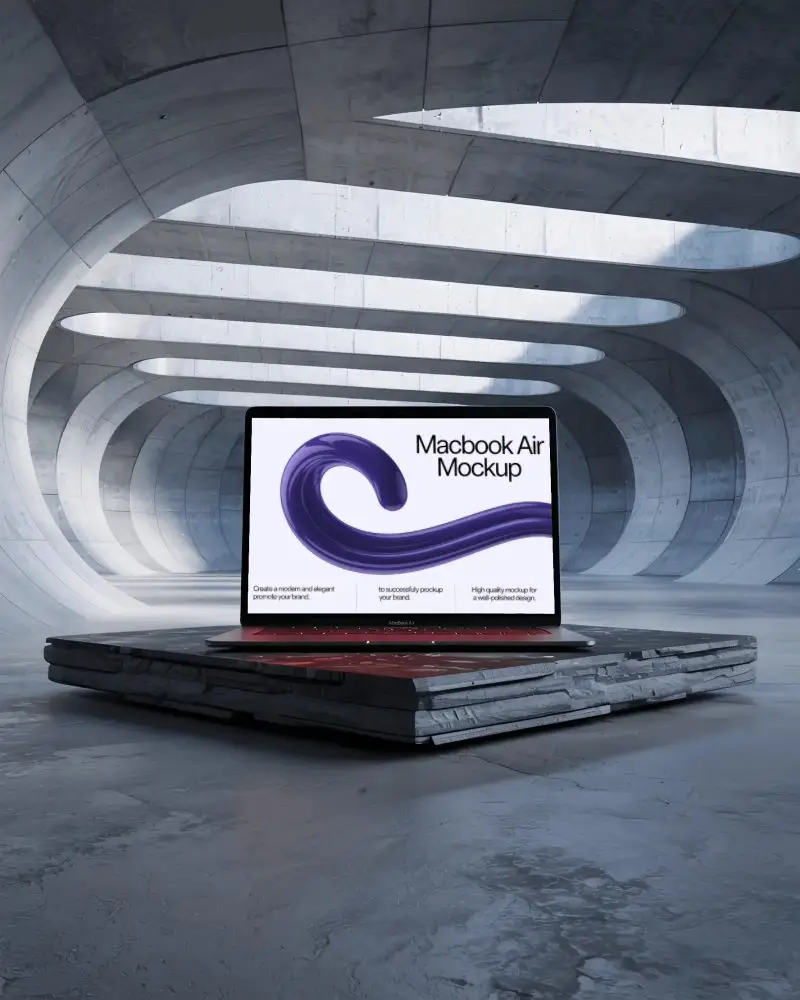 macbook-m1-air-mockup-on-textured-platform-inside-curved-concrete-tunnel-with-sky-light