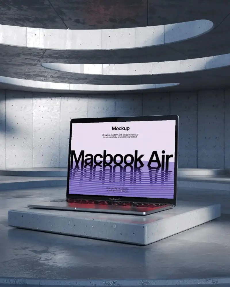 architectural-scene-macbook-m1-air-mockup-on-slab-under-oval-cut-ceiling-light-beams