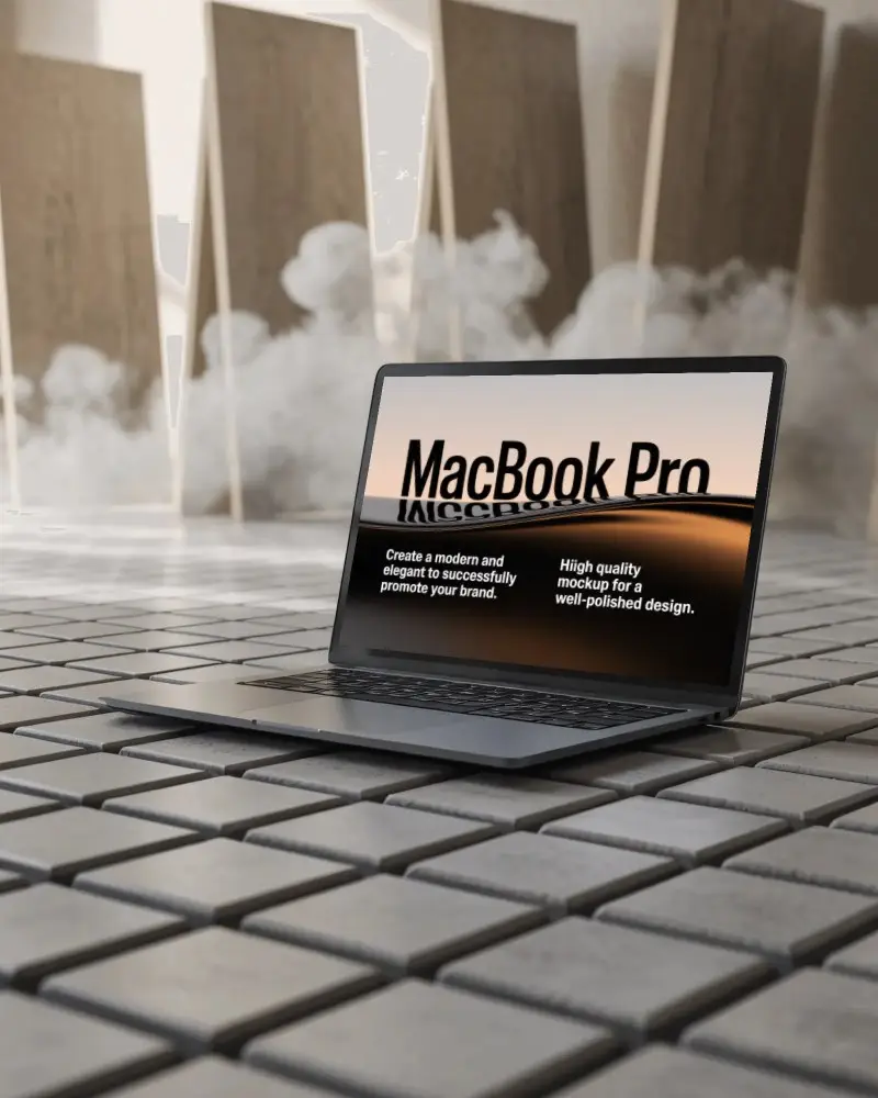 macbook-m1-pro-mockup-on-tiled-floor-with-rising-fog-and-angled-wood-panels-in-background