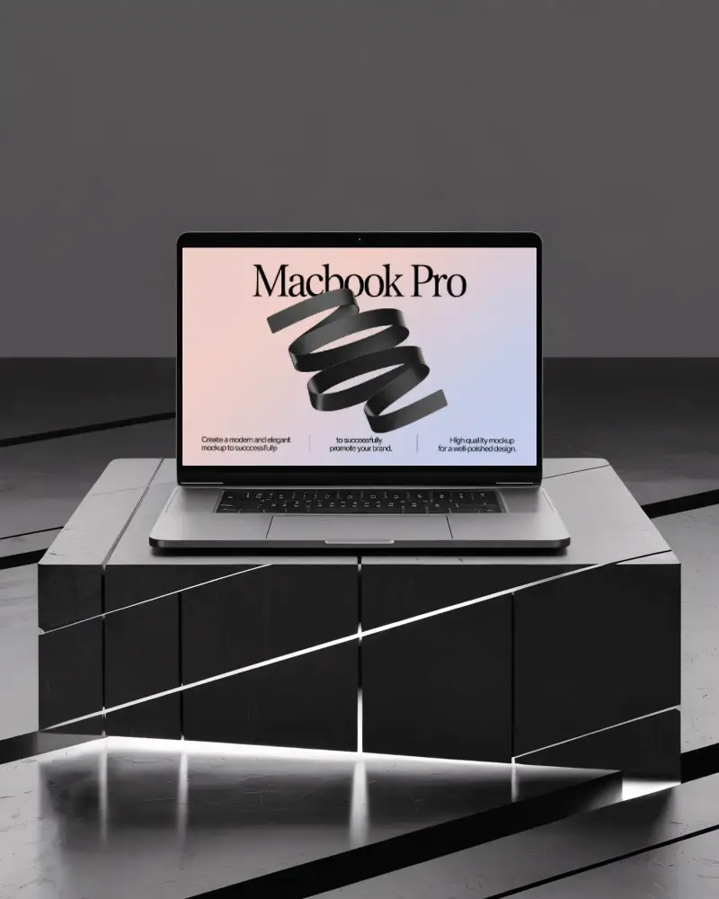 macbook-m1-pro-mockup-on-modern-sculptural-base-with-glow-line-and-dark-studio-floor