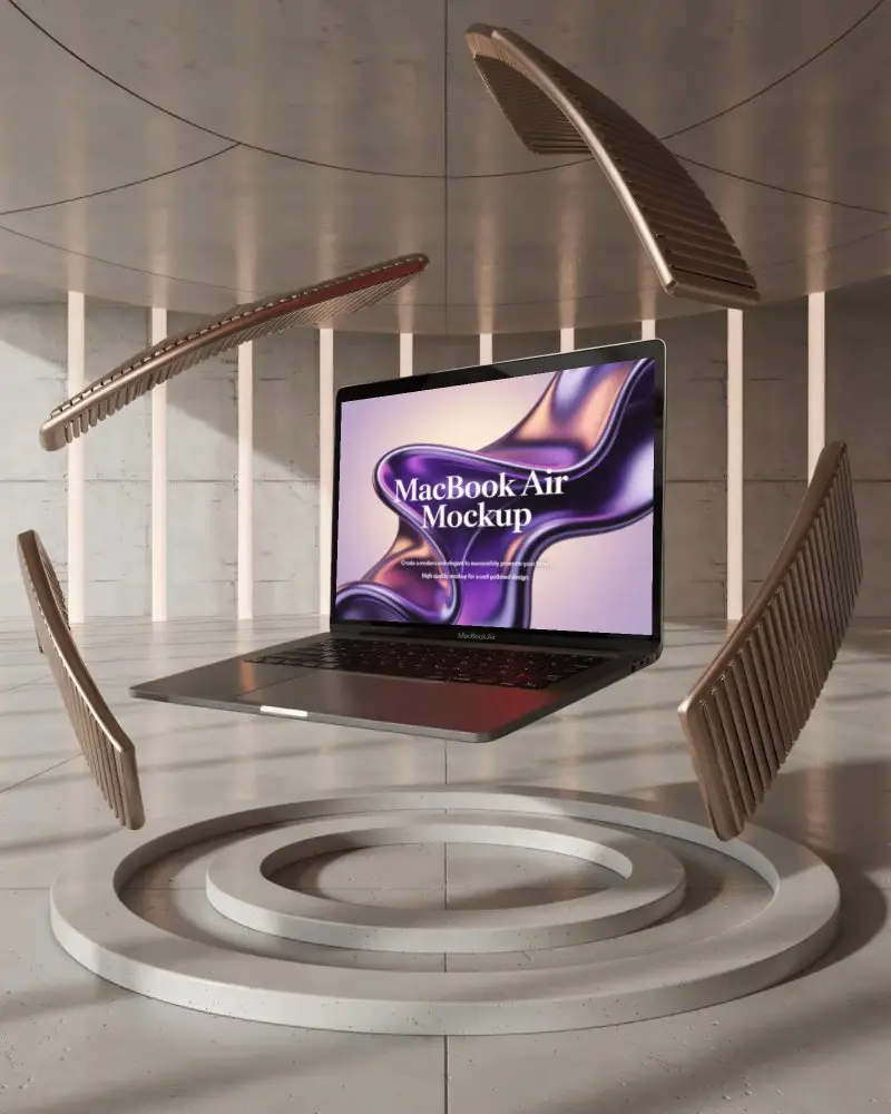 macbook-m1-air-mockup-floating-in-architectural-space-with-suspended-wooden-panels