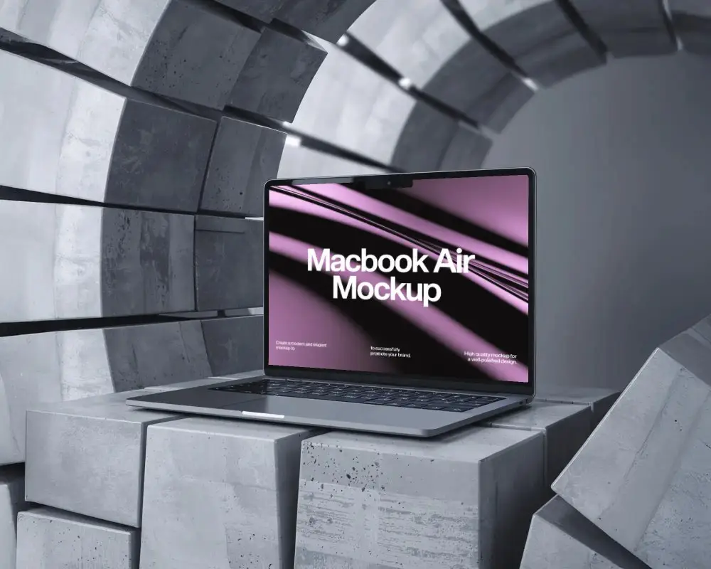 futuristic-macbook-air-m4-mockup-on-sculpted-stone-platform-surrounded-by-curved-brick-forms