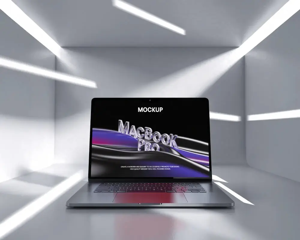 cinematic-macbook-pro-m3-mockup-centered-in-led-lit-cube-room-with-high-contrast-light-lines