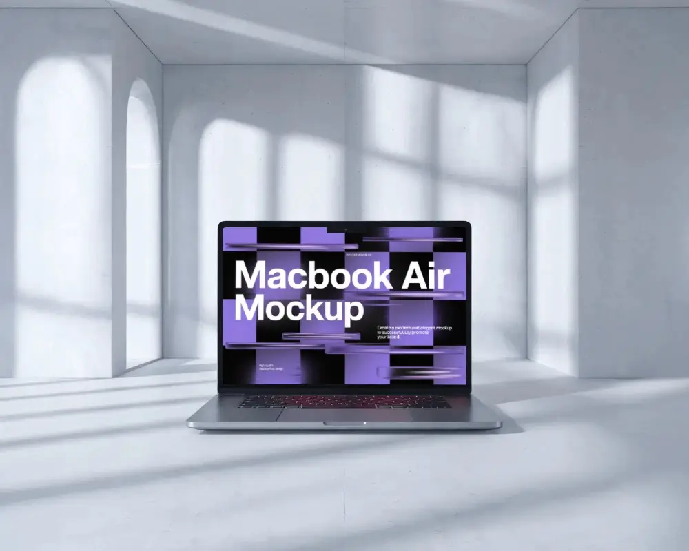macbook-air-m2-front-mockup-in-clean-studio-room-with-bright-light-play-and-architectural-curves