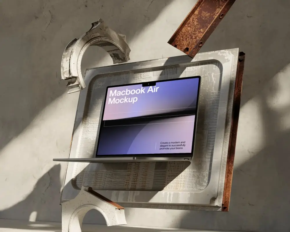 macbook-air-m4-mockup-mounted-in-rusted-metal-frame-with-broken-arches-and-soft-studio-light