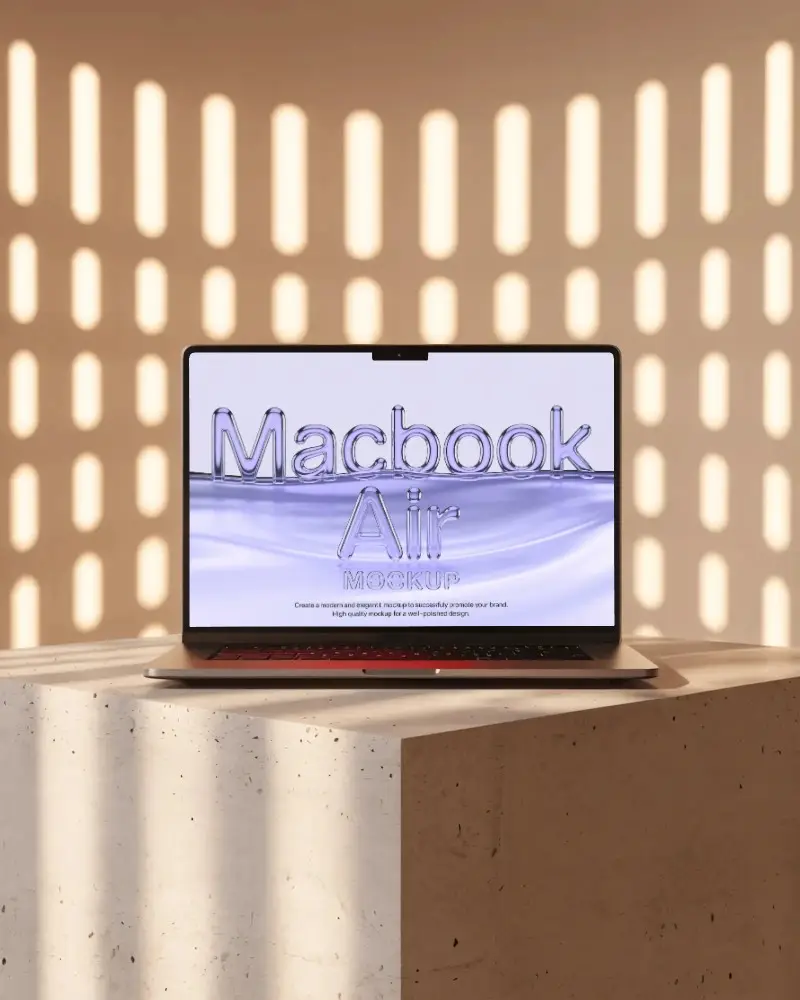 macbook-air-m3-mockup-on-stone-pedestal-with-sunlit-perforated-wall-and-soft-shadow-patterns