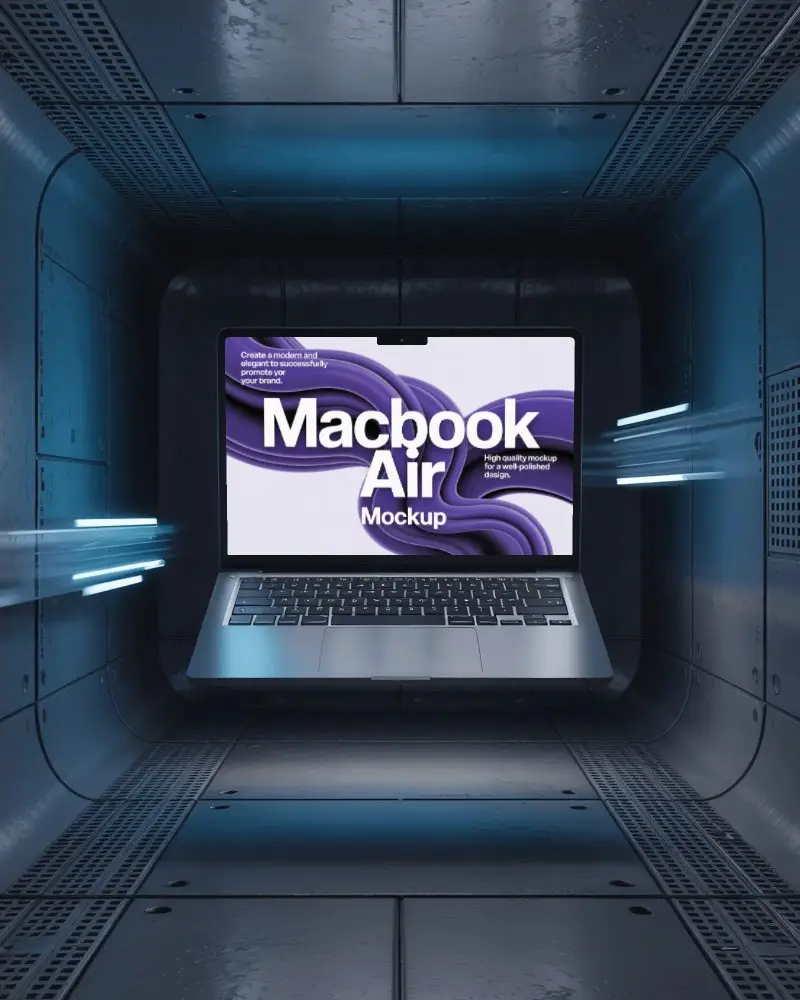 macbook-air-m2-mockup-floating-in-sci-fi-metal-tunnel-with-blue-glow-and-spotlight-streaks