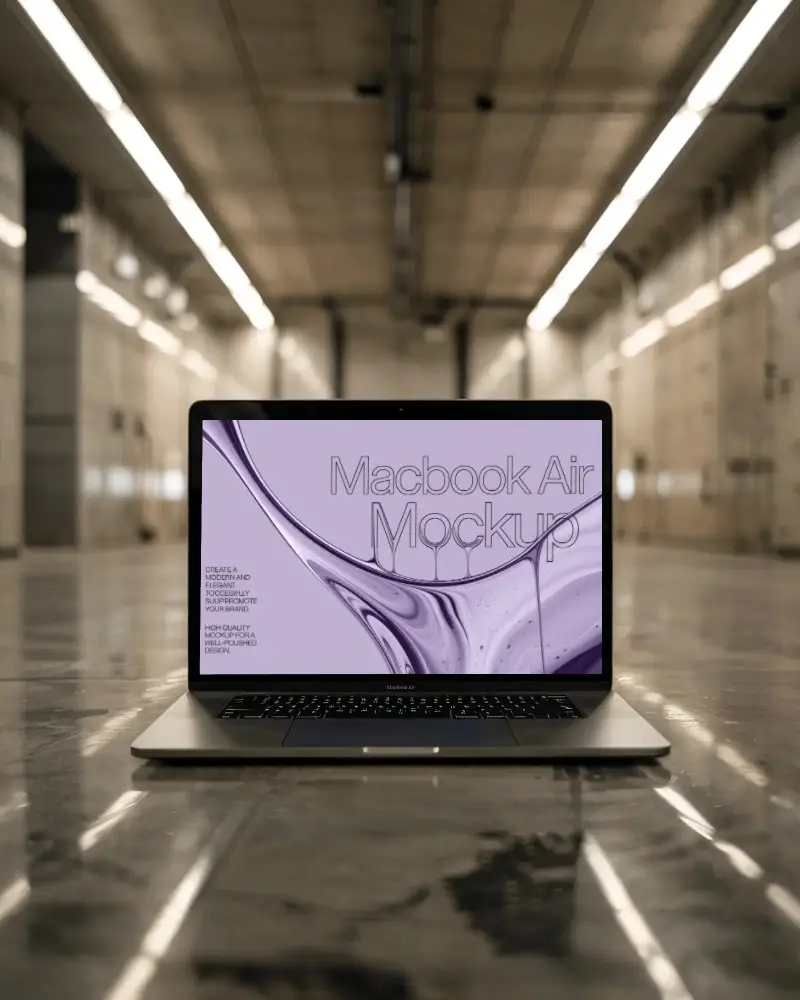 macbook-air-m1-mockup-on-polished-floor-in-industrial-hallway-with-overhead-lighting-grid